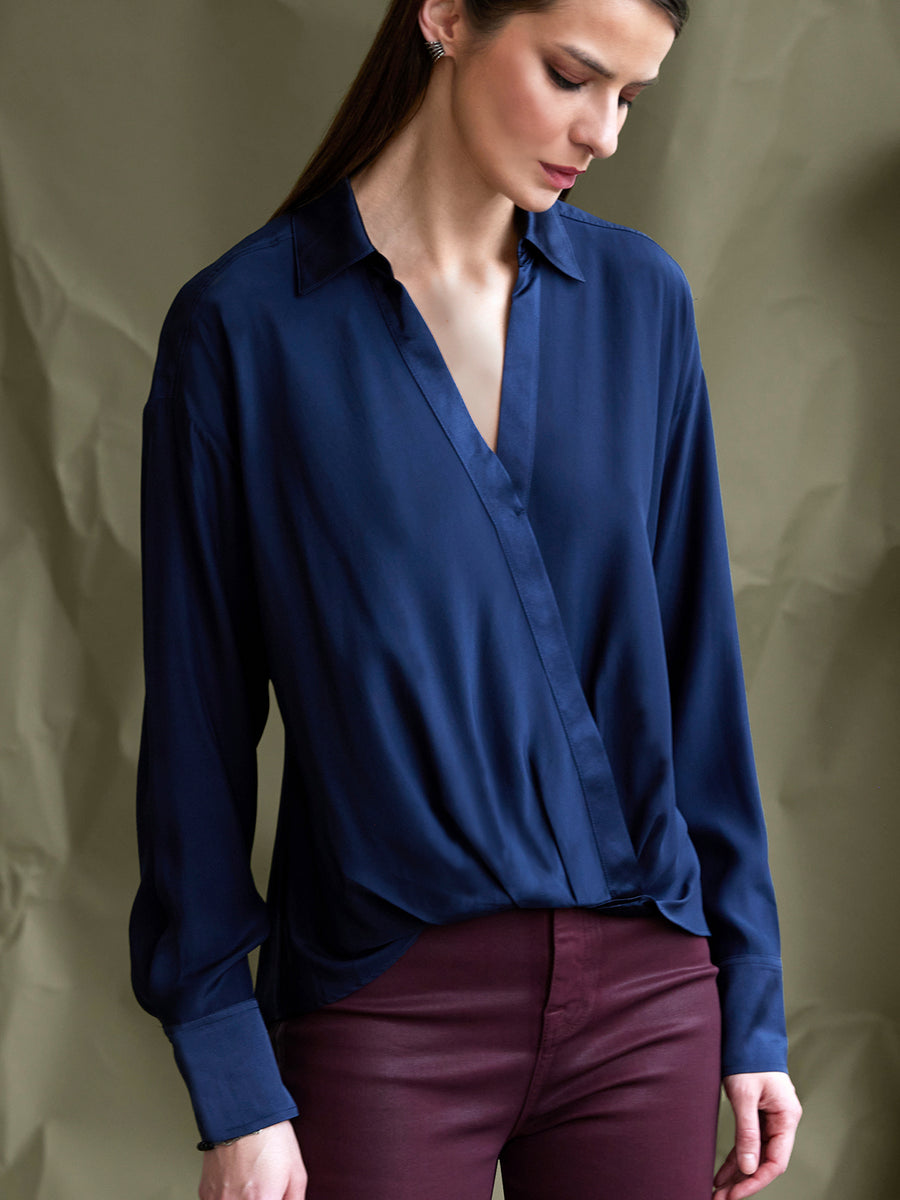 Navy Silk Charmeuse Top