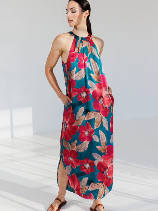 go draped over halter dress print