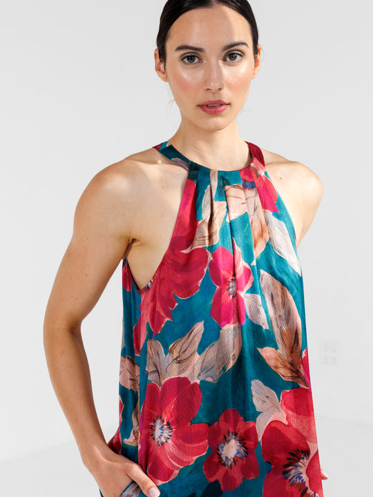 go draped over halter dress print