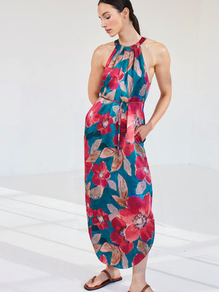 go draped over halter dress print