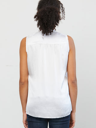 ICONIC go pedal to the metal top - Machine washable easy fit pull on style bra-friendly silk charmeuse top with Y-neckline with stand collar and shoulder shirring. It has raw edge trimmed armholes and has a metal bead trim with curved high low raw edge hem. 