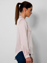 Load image into Gallery viewer, Go luxe anywhere top - Machine washable pull over silk charmeuse top with stylized notch collar neckline, box pleat front detail and long sleeves with barrel button through cuffs. It features back yoke inverted pleat and a self locker loop back detail with high/low shirttail hem. 