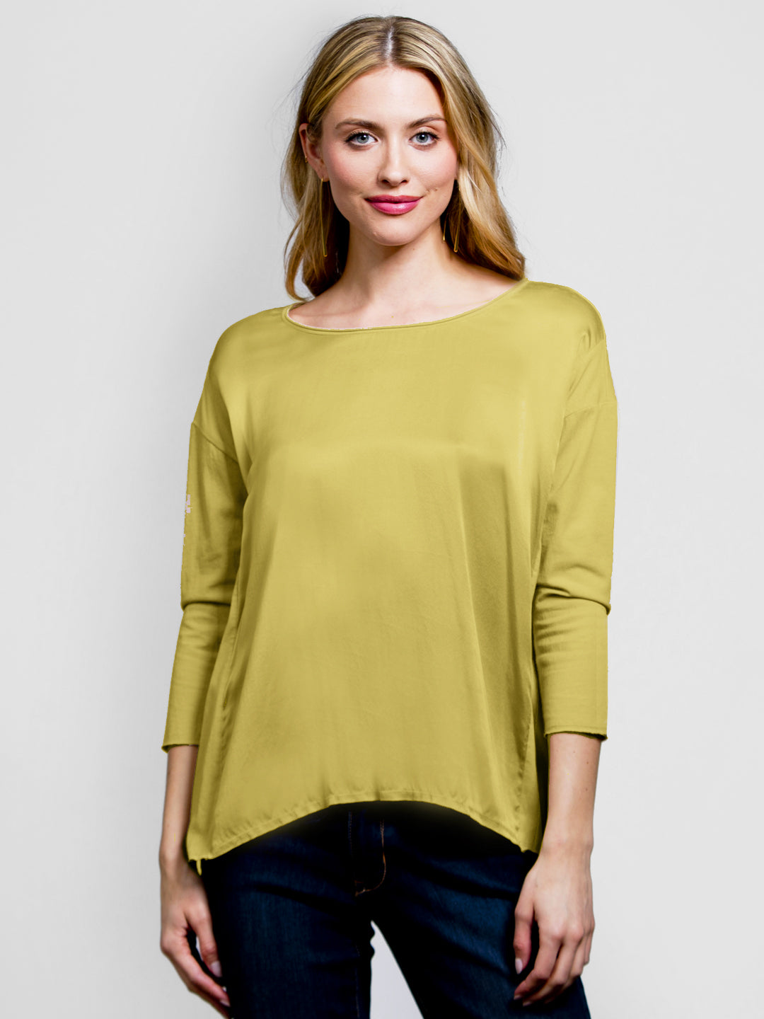 ICONIC go all ways top - Machine washable easy fit pull over silk woven front and knit sleeve top with roll knit finishing detail at neckline. It features a raw edge sleeve finishing and is our best-selling “ICONIC” style. 