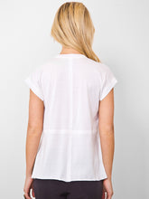 Load image into Gallery viewer, ICONIC go anytime tee - Machine washable pull over silk woven front and knit back classic tee with rib knit detail at neckline and armhole and extended sleeve. It has a stylized Y-Collar neckline and delicate picot edge trim. 