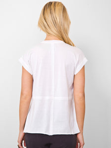 ICONIC go anytime tee - Machine washable pull over silk woven front and knit back classic tee with rib knit detail at neckline and armhole and extended sleeve. It has a stylized Y-Collar neckline and delicate picot edge trim. 