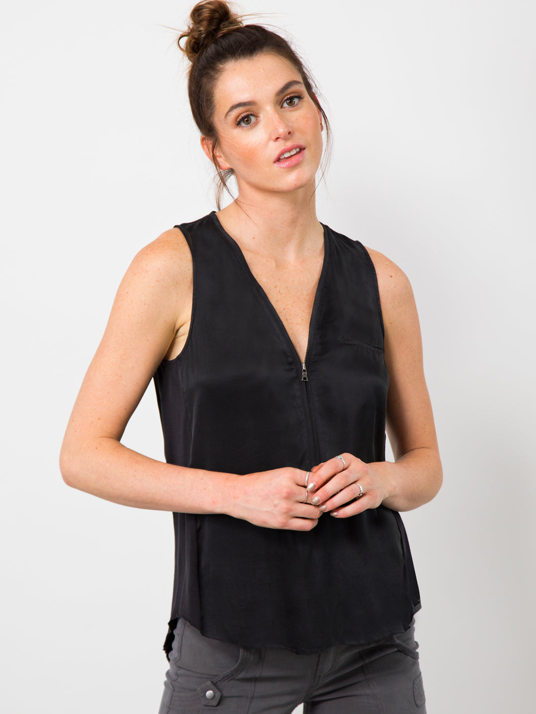ICONIC go zippy tank luxe - Machine washable pull over silk charmeuse sleeveless top with metal zipper detail and finished with our signature raw edge hems. This is our best selling ICONIC style. 