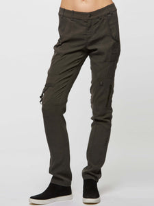 ICONIC go army pant - Machine washable silk and spandex mix cargo styled army pants with banded waist that sits just below natural waist with 9.5 inch rise based on a size 4. It has a zip fly with metal button closure and multiple pocket detailing and burnished hardware trim that sits below natural waist. It has a straight leg fit and convertible leg length with snap tabs. 