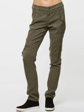 Load image into Gallery viewer, ICONIC go army pant - Machine washable silk and spandex mix cargo styled army pants with banded waist that sits just below natural waist with 9.5 inch rise based on a size 4. It has a zip fly with metal button closure and multiple pocket detailing and burnished hardware trim that sits below natural waist. It has a straight leg fit and convertible leg length with snap tabs. 